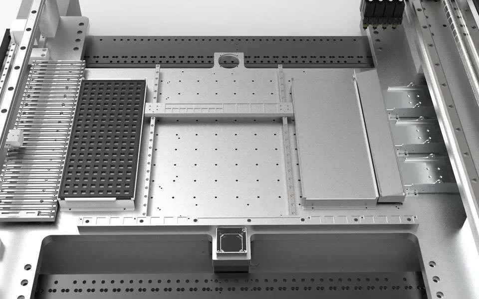 Plaque de base pour 62 chargeurs pneumatiques individuels de 8, 12 ou 16mm. 3 caméras pour le centrage des composants, chargeur de pipettes, porte-cartes ...